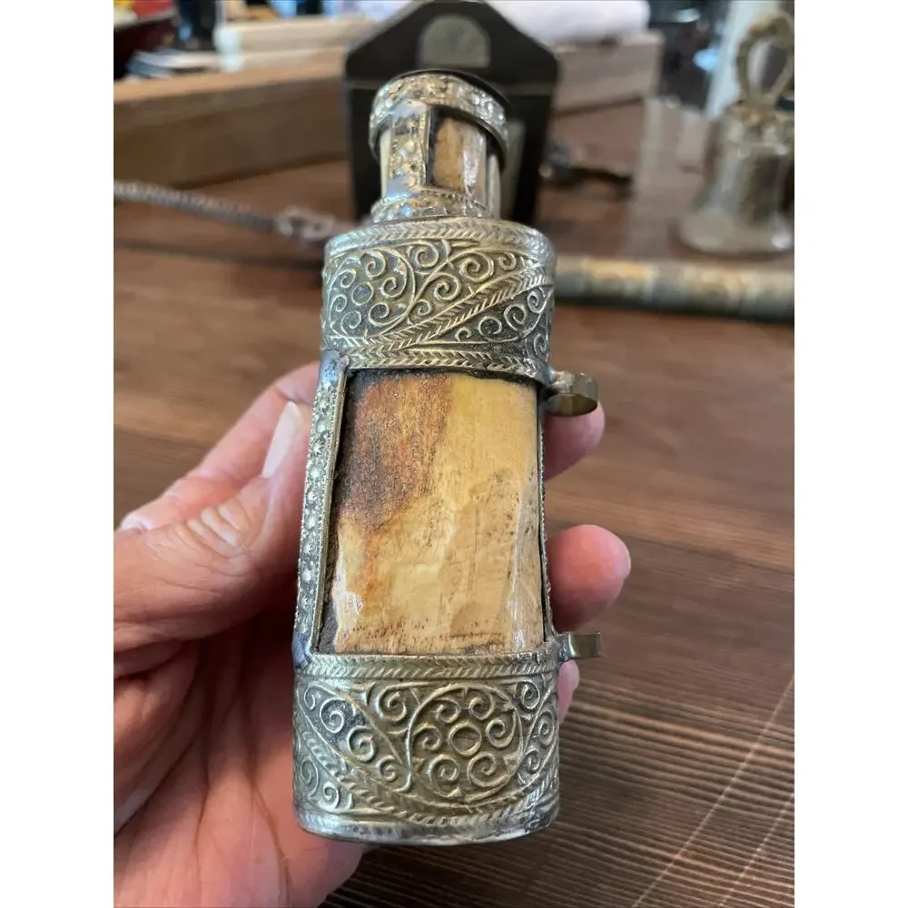 Vntg Carved Snuff Bottle Bovine Bone Silver Brass Turquoise Coral 5”Tibetan